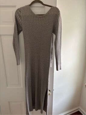 Wayf Taupe Ribbed Midi Dress with Side Slit